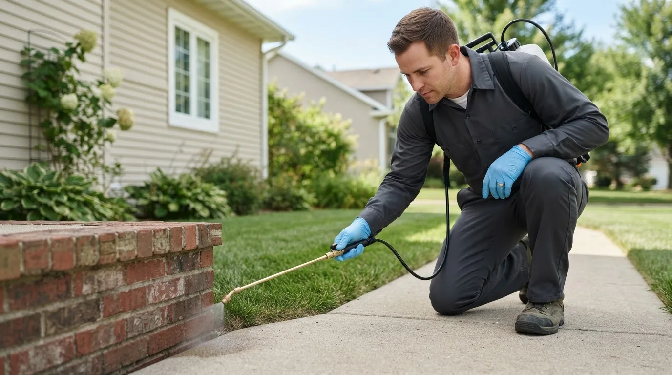 Pest control technician treating a home near West Bend, IA