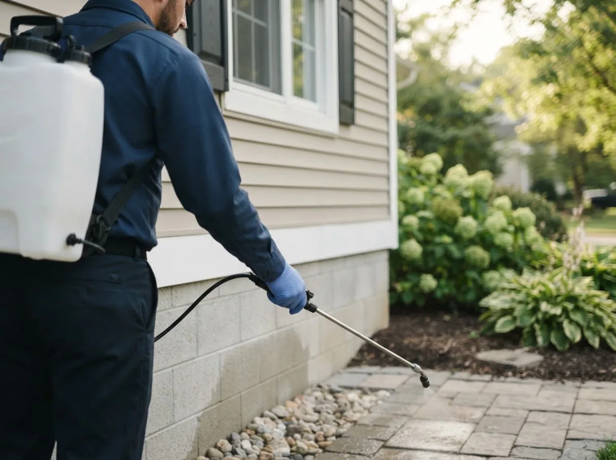 Pest control technician inspecting a home in West Bend, IA